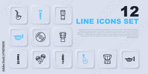 Set line African darbuka drum, Trumpet, Vinyl disk, Bandura, Maracas, Clarinet and Flute icon. Vector