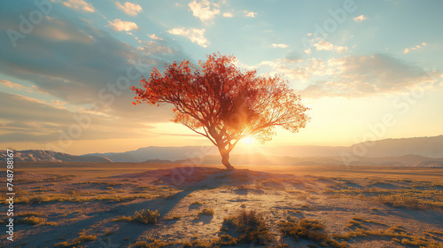 Lonely - Colorful Tree stands in the middle of the bare desert. Hot sun rays pass through the branches of a tree photo