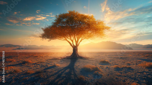 Lonely - Colorful Tree stands in the middle of the bare desert. Hot sun rays pass through the branches of a tree #748788168