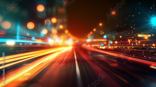 Long exposure on city road light, night highway lights in motion with highway road lights on city background