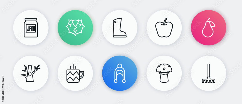 Set line Winter hat, Pear, Bare tree, Mushroom, Apple, Waterproof rubber boot, Garden rake and Cup tea icon. Vector