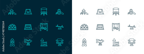 Set line Slide playground, Swing plane, Gymnastic rings, for kids, Swings, Jumping trampoline, and icon. Vector