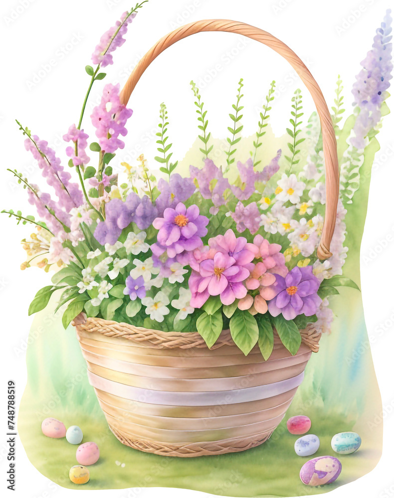 Watercolor Painting Style Rustic Basket of Wildflowers in Spring Colors 