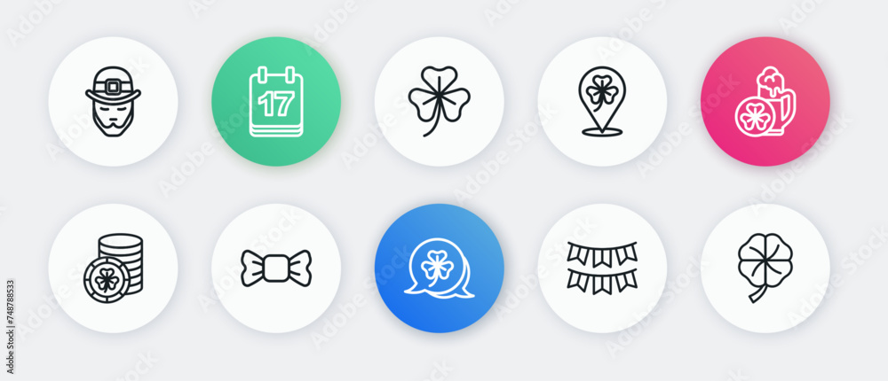Set line Clover trefoil leaf, Glass of beer, Golden leprechaun coin, Carnival garland with flags, Four clover and Bow tie icon. Vector
