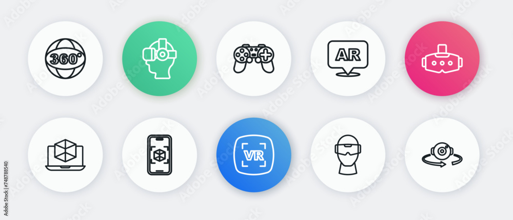 Set line Virtual reality, glasses, 3d modeling, Augmented AR, Gamepad, 360 degree view and icon. Vector Set line Virtual reality, glasses, 3d modeling, Augmented AR, Gamepad, 360 degree view and icon. Vector