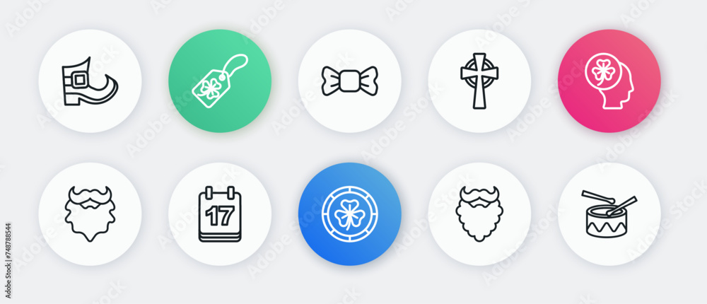 Set line Golden leprechaun coin, Head with clover trefoil leaf, Mustache and beard, Celtic cross, Bow tie, Drum drum sticks and Saint Patricks day calendar icon. Vector Set line Golden leprechaun coin, Head with clover trefoil leaf, Mustache and beard, Celtic cross, Bow tie, Drum drum sticks and Saint Patricks day calendar icon. Vector