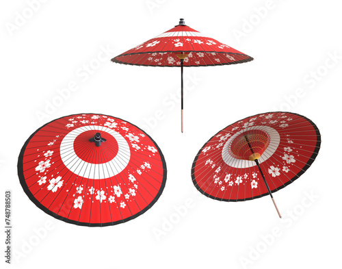 Japanese umbrella, red parasol. Traditional red Japanese paper umbrella isolated