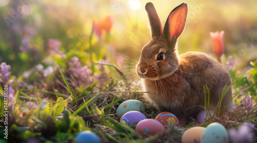 Bunt angemalte Eier Ostereier in einem Nest mit Osterhase echter Hase Generative AI photo