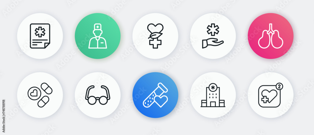 Set line Test tube with blood, Lungs, Medicine pill or tablet, Hospital building, Cross hospital medical, Ethnoscience, Mobile heart rate and Glasses icon. Vector Set line Test tube with blood, Lungs, Medicine pill or tablet, Hospital building, Cross hospital medical, Ethnoscience, Mobile heart rate and Glasses icon. Vector