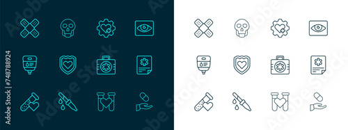 Set line Red eye effect, Pipette, First aid kit, Test tube with blood, Immune system, Heart cross, Crossed bandage plaster and Skull icon. Vector
