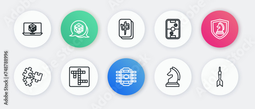 Set line Table football, Chess, Puzzle pieces toy, Air hockey table, Mahjong, Dart arrow and Crossword icon. Vector