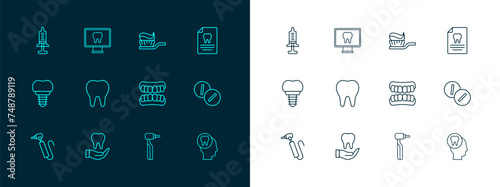 Set line Clipboard with dental card, Tooth, Dentures model, drill, Toothbrush toothpaste, Syringe and Online care icon. Vector