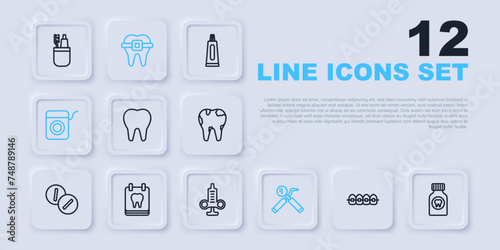 Set line Teeth with braces, Toothache painkiller tablet, Dental mirror and probe, floss, Calendar tooth, and Syringe icon. Vector
