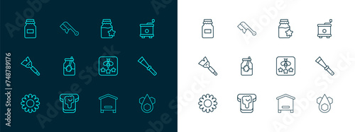 Set line Honey extractor, Bread with honey, Type of bee, Hive for bees, Jar and dipper stick, and Beekeeping brush icon. Vector