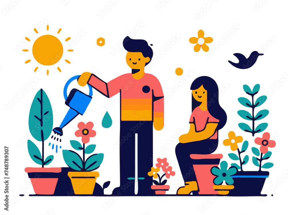 Gardening concept vector illustration. Cartoon flat man and woman watering plants in pots, flowers and birds on background. Gardening concept vector illustration. Cartoon flat man and woman watering plants in pots, flowers and birds on background.