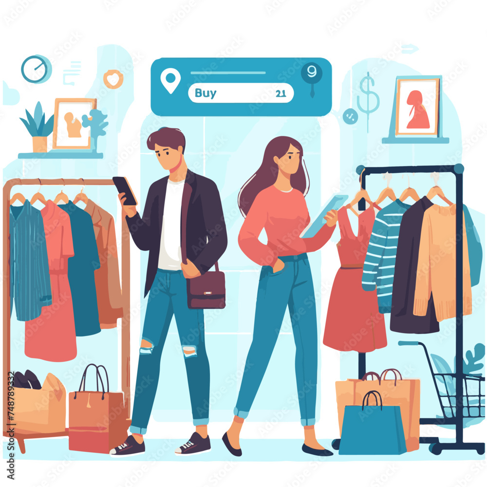 Man and woman choose clothes in shop. Vector illustration in flat style Man and woman choose clothes in shop. Vector illustration in flat style