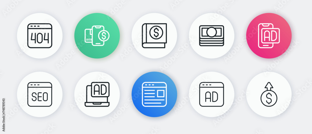 Set line Advertising, SEO optimization, Stacks paper money cash, Financial book, growth dollar and icon. Vector