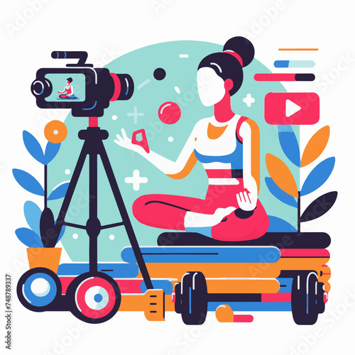 Vector illustration of woman blogger recording video blog. Blogging, vlogging concept.