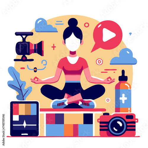 Flat vector illustration of woman in yoga lotus pose with smartphone, camera, water bottle, video camera and other items.