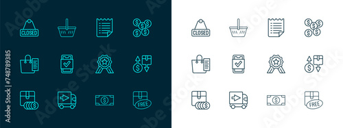 Set line Dollar symbol, Delivery cargo truck, Stars rating, Stacks paper money cash, Mobile shopping, Wish list template, Hanging sign with text Closed and Shopping basket icon. Vector