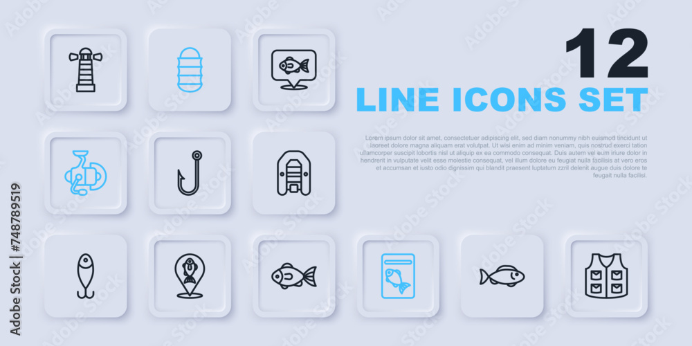 Set line Fish, Fishing jacket, hook, Served fish on plate, Spinning reel for fishing, Location, net and icon. Vector Set line Fish, Fishing jacket, hook, Served fish on plate, Spinning reel for fishing, Location, net and icon. Vector
