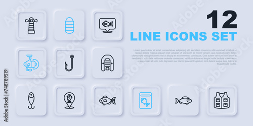 Set line Fish, Fishing jacket, hook, Served fish on plate, Spinning reel for fishing, Location, net and icon. Vector