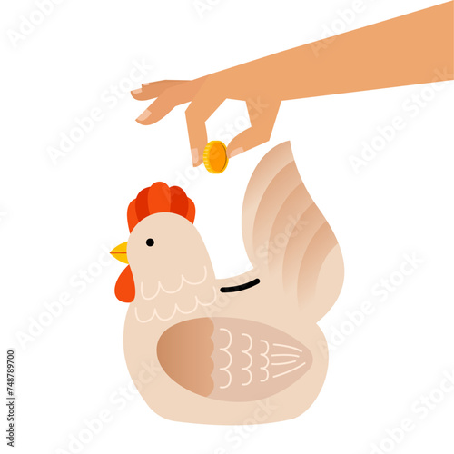 Putting Coin into Chicken Piggy Bank