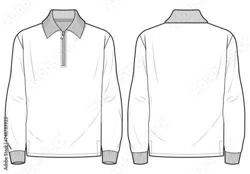 Men's long sleeve polo collar T Shirt flat sketch fashion illustration drawing template mock up with front and back view. Zip up polo t-shirt vector cad drawing