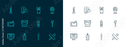 Set line Paint spray, can, Stationery knife, brush, bucket, Pencil case stationery, Feather and inkwell and Color palette guide icon. Vector