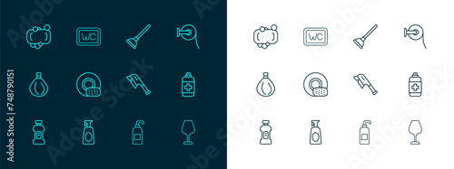 Set line Toilet paper roll, Cleaning spray with detergent, Brush for cleaning, Antibacterial soap, Washing dishes, Rubber plunger, Bar of and icon. Vector