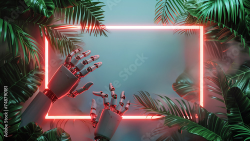 Neon light frame with robot hands and palm leaves, Fusion of consumer technology and nature copy space concept | Generative AI