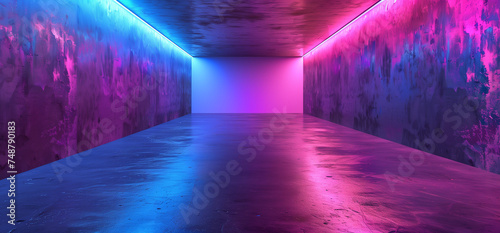 Futuristic empty room with neon lighting, Vibrant pink and blue illuminated hallway space technology concept interior | Generative AI