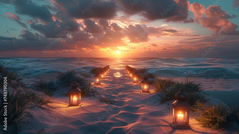 a row of ornate lanterns floating on a calm sea, under a breathtaking twilight sky ablaze with crimson and orange hues - obrazy, fototapety, plakaty 