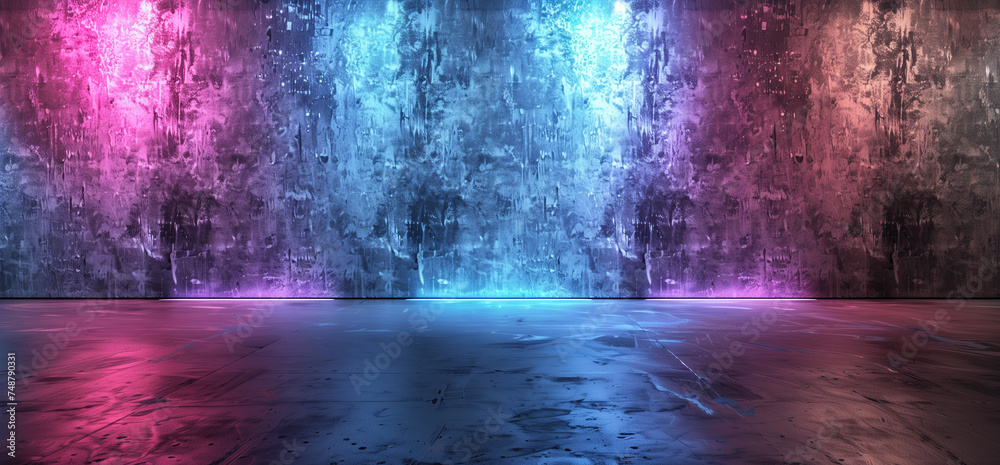 Dramatic neon mood lighting on grunge textured wall surface, Future tech themed room space backdrop | Generative AI