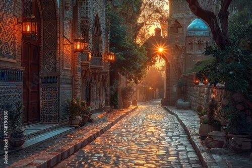 A background of an ancient city at dawn during Ramadan, with the first light of day illuminating historic architecture and cobblestone streets.
