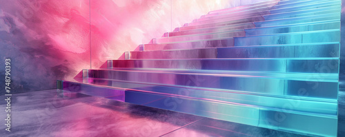 Neon staircase in modern interior, Vibrant architectural stairs design details with empty copy space | Generative AI