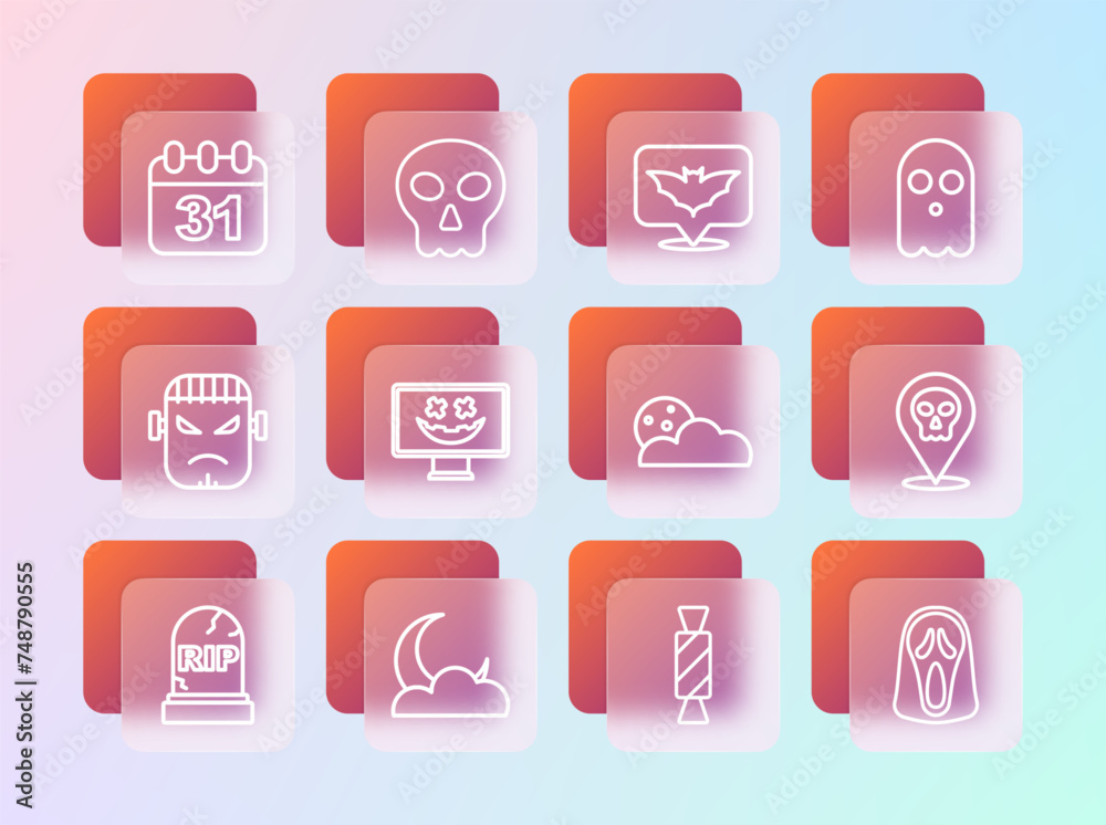 Set line Ghost, Moon and stars, Candy, Happy Halloween holiday, Flying bat, date 31 october and Skull icon. Vector Set line Ghost, Moon and stars, Candy, Happy Halloween holiday, Flying bat, date 31 october and Skull icon. Vector