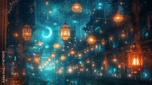 an ethereal scene of golden lanterns hanging amidst a bokeh of lights, creating a celestial dance of light and shadow