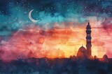 Silhouettes of mosque minarets and slender crescent moons stand against a cosmic watercolor backdrop that blends dreamlike blues and pinks.
