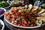 Platter of salsa served with toast and bla