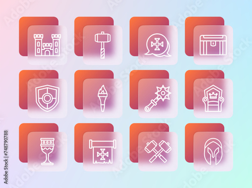 Set line Antique treasure chest, Crusade, Mace with spikes, Crossed battle hammers, Torch flame, Castle and Battle icon. Vector
