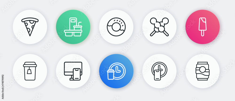 Set line Round the clock delivery, Ice cream, Cup of tea, Meatballs on wooden stick, Donut, Soda can and Online ordering food icon. Vector Set line Round the clock delivery, Ice cream, Cup of tea, Meatballs on wooden stick, Donut, Soda can and Online ordering food icon. Vector