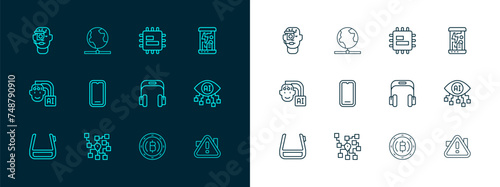 Set line Cryogenic capsules, Neural network, Headphones, Cryptocurrency coin Bitcoin, Mobile, Processor CPU, Smart glasses spectacles and Global technology icon. Vector