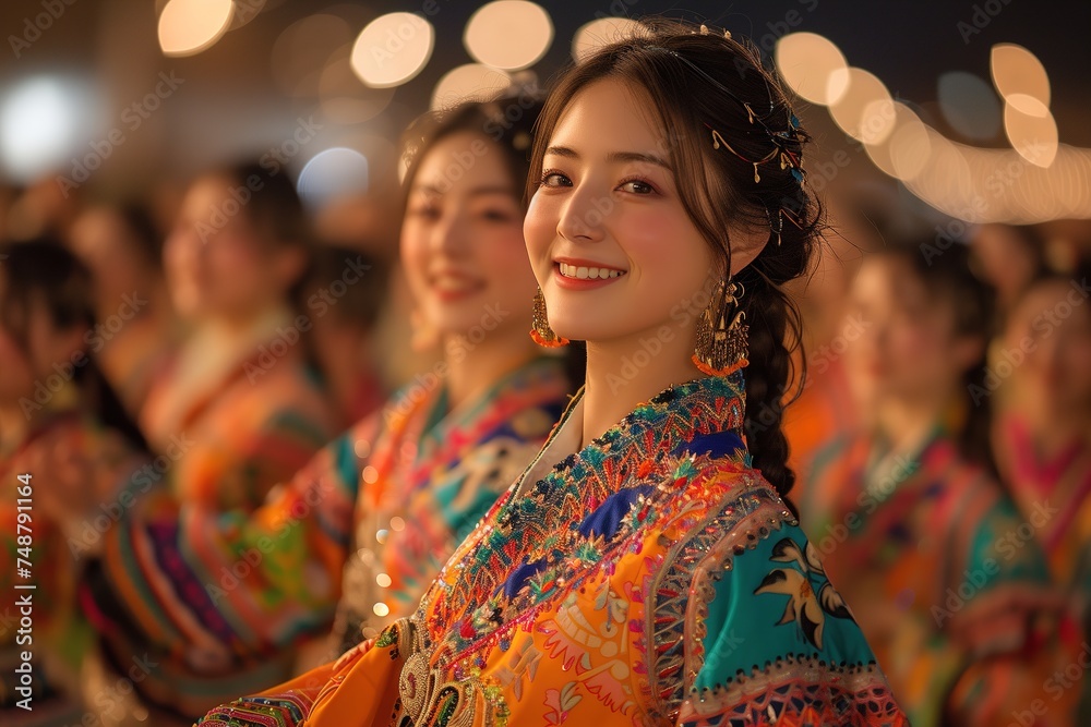Portrait of a woman in traditional attire, participating in a vibrant cultural festival at night