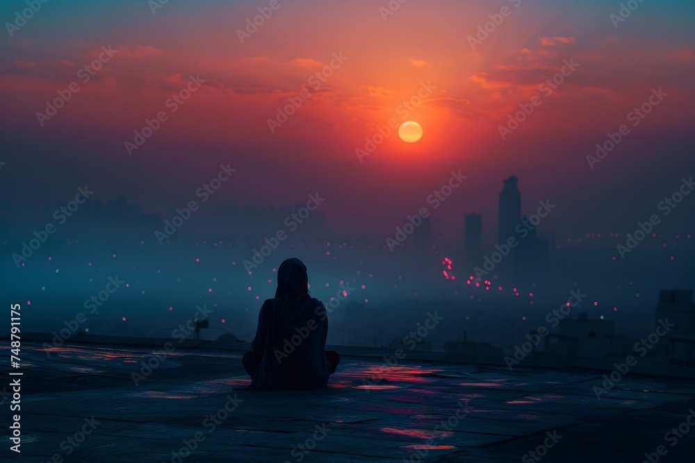A peaceful morning scene capturing the silhouette of a lone individual performing Fajr prayers on a rooftop, overlooking the awakening city below.