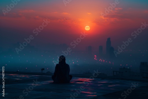 A peaceful morning scene capturing the silhouette of a lone individual performing Fajr prayers on a rooftop  overlooking the awakening city below.