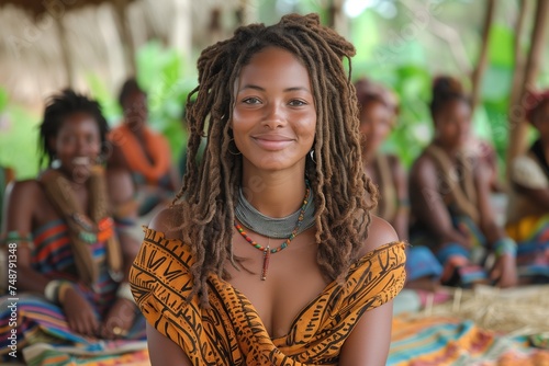 Young African woman smiling, wearing traditional clothing