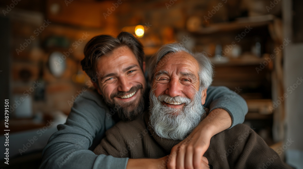 An adult son with a beard joyfully hugs his elderly father at home, both smiling and enjoying a relaxed, loving moment together on Father's Day,