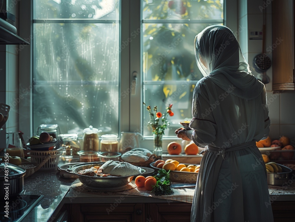 A serene early morning scene of a family preparing Suhoor in their kitchen, with soft natural light filtering through the window.