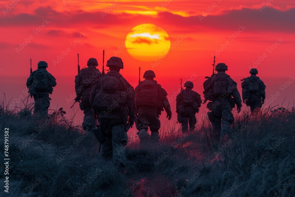 Dramatic silhouettes of soldiers on a mission against the backdrop of a setting sun
